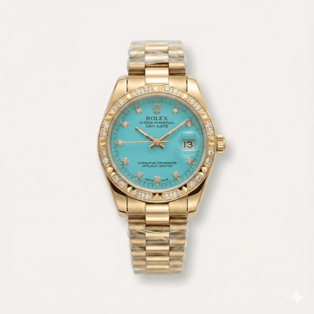Rolex Datejust 26MM 69178 Turquoise Diamond Dial Diamond Bezel 18K Yellow Gold President Bracelet 1.2ct